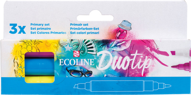 Ecoline Talens Ecoline Brush Pen Duotip – Keilspitze 6 mm, Rundspitze 1-2 mm – sortiert – 3er-Set – wasservermalbar