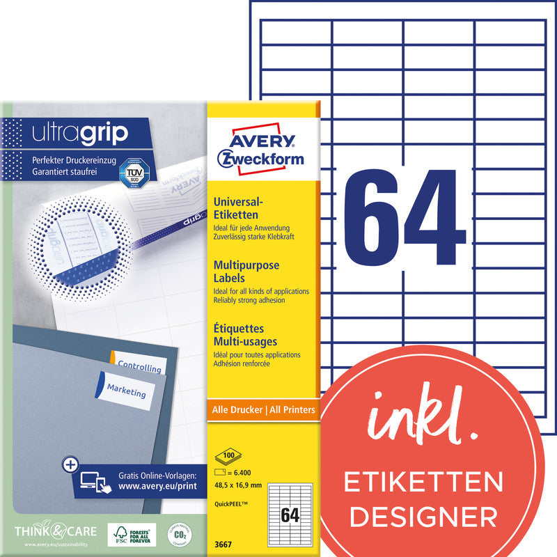Avery Etiketten Ultragrip, 49 mm × 17 mm, weiss, Papier, permanent, 100 Blatt