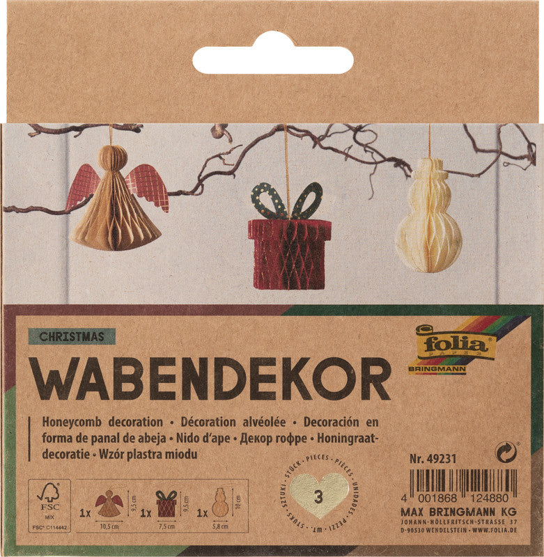 Folia Wabendekor Figuren, Papier, sortiert, 6 × 10 cm und 10 × 10 cm, 3er-Set – Weihnachten – FSC, eco:plus