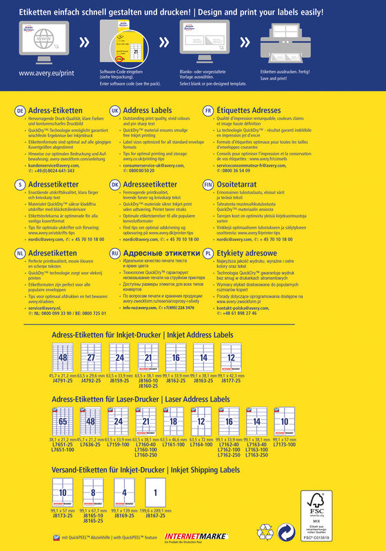 Avery Druckeretiketten, 64 mm × 34 mm, weiss, Papier, permanent, 25 Blatt (600 Etiketten)