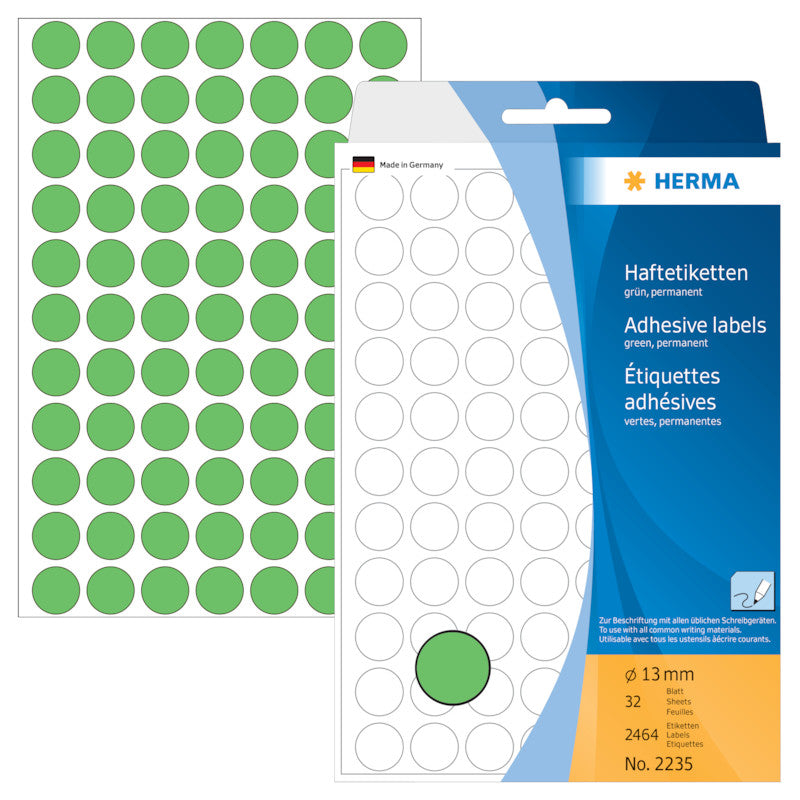 HERMA Haftetiketten – rund Ø 13 mm, permanent, grün, 111 × 170 mm, 32 Blätter (2'464 Stk.)