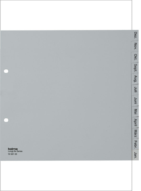 Kolma Register – A4, 12-teilig, PVC, grau, vorgedruckt, teildeckend, 2-fach Lochung
