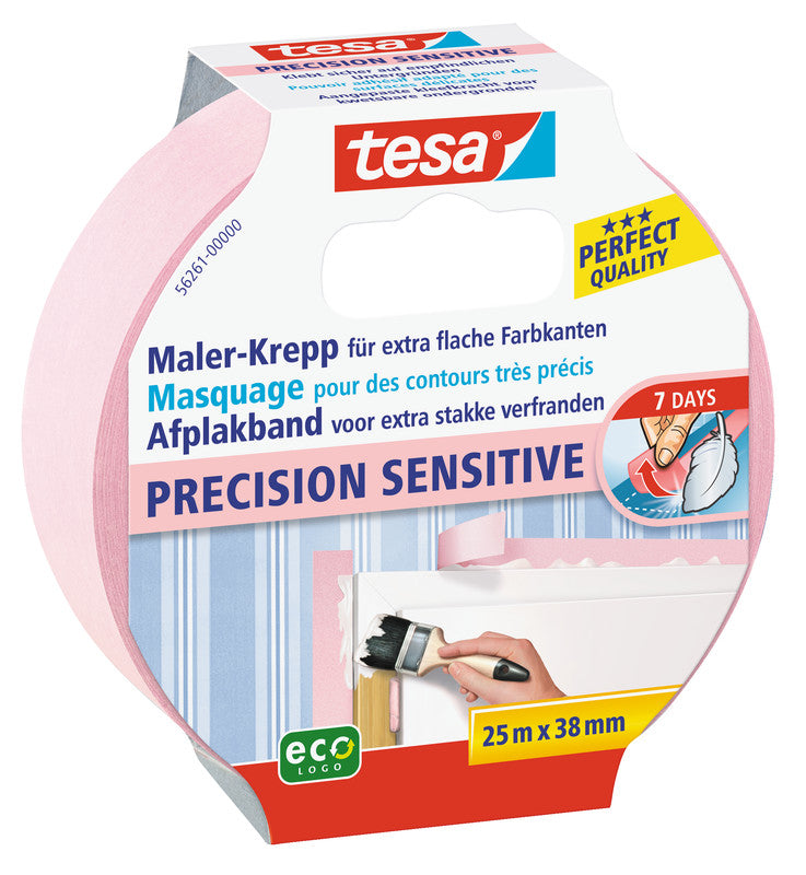 tesa Abdeckband Precision Sensitive – 38 mm × 25 m, rosa, für empfindliche Oberflächen, glatt