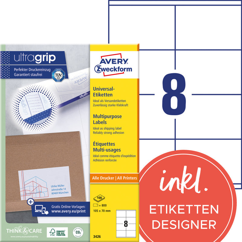 Avery Etiketten, 105 mm × 70 mm, weiss, Papier, permanent, 100 Blatt (800 Etiketten)