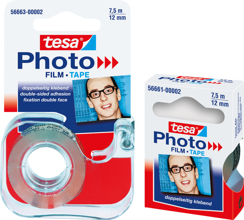 TESA Doppelseitiges Klebeband Photo – permanent, Kunststoff, 12 mm × 7,5 m, transparent, Nachfüllrolle