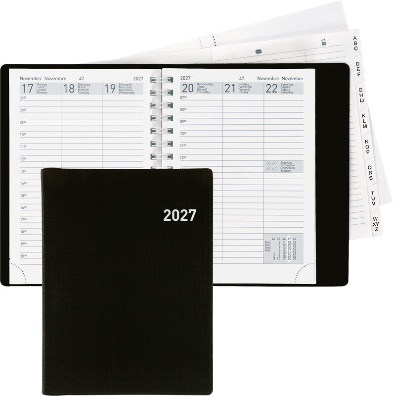 Biella Rex Agenda – 1 Woche/2 Seiten, Wire-O, 10,1 × 14,2 cm, Jan–Dez, Schwarz, FSC