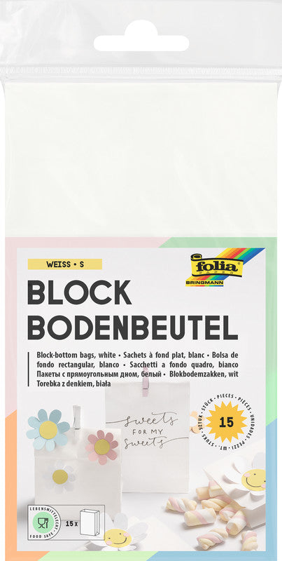 Folia Blockbodenbeutel – Papier, lebensmittelecht, FSC-zertifiziert – 100 × 175 × 55 mm – 15 Stk., Weiss