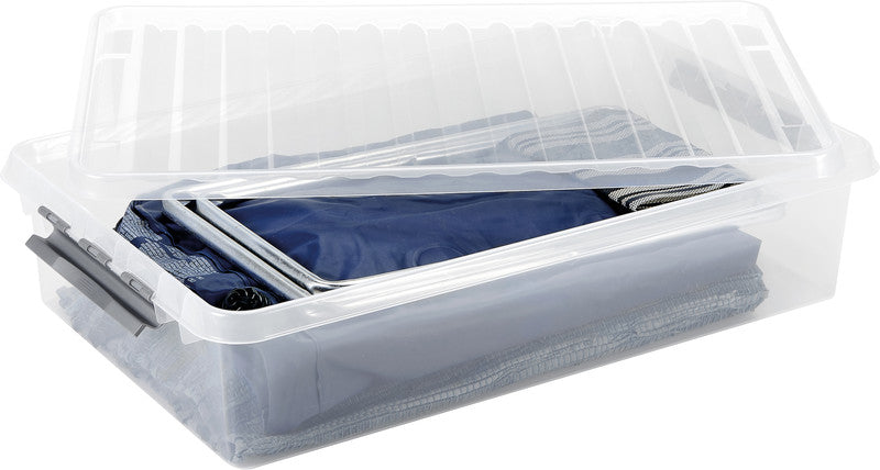 Helit die q-line Aufbewahrungsbox 60 l – Clipdeckel, stapelbar, 800 × 180 × 500 mm, transparent, Kunststoff