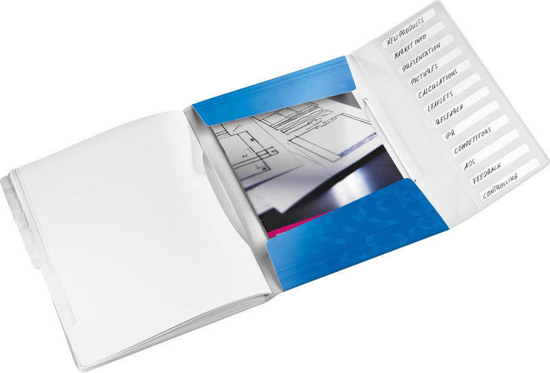 Leitz WOW A4 Fächermappe – 12 Fächer, Gummiband, Polypropylen (PP), Blau, Metallisch, 3 Schutzklappen, Taben