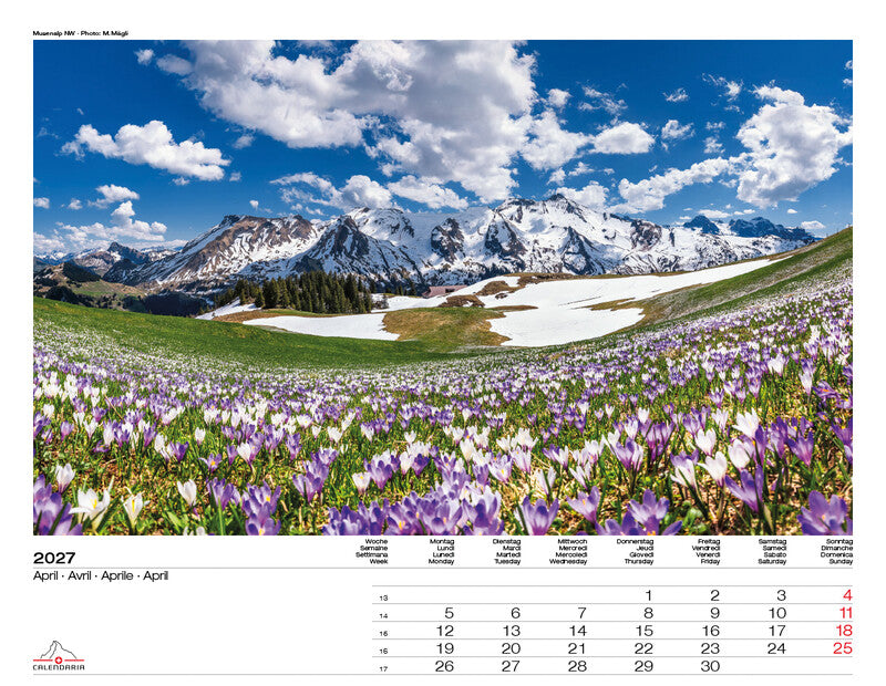 Calendaria Swiss Panorama – Bildkalender Schweiz 2027 – 40 × 31 cm – Kalendarium d/f/i/e