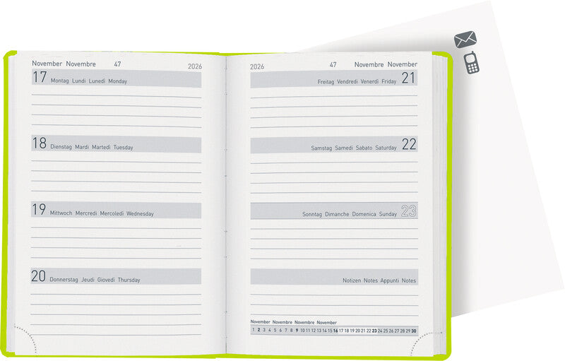Biella Memento Ladytimer Agenda – 1 Woche/2 Seiten, gebunden, 10,1 × 14,2 cm, 2026, Hellgrün, FSC
