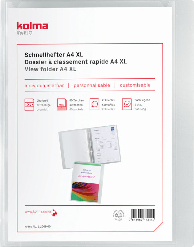 Kolma Schnellhefter Vario XL – A4, Kunststoff, transparent, Sichttasche, integrierte Abheftvorrichtung