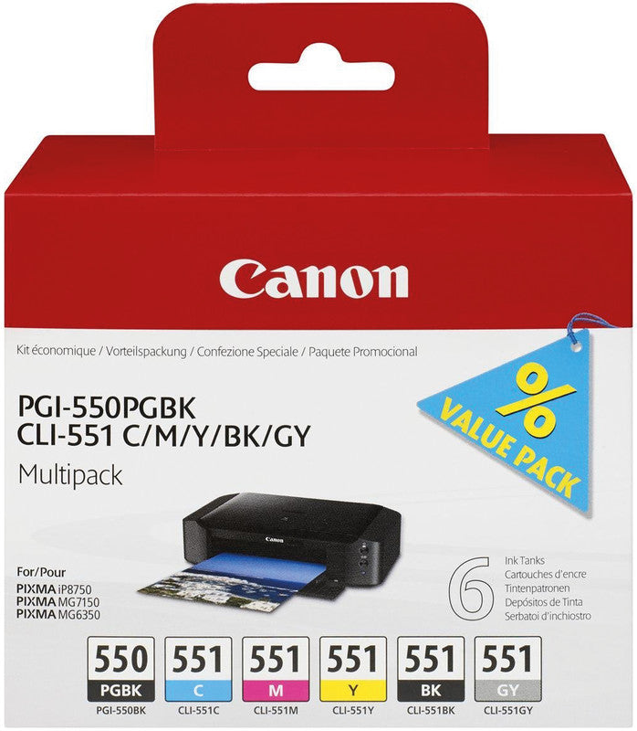 Canon Tintenpatronen-Multipack PGI-550/CLI-551, 6er-Pack – für Inkjetdrucker und Multifunktionsgeräte