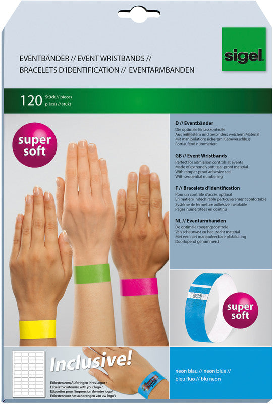 Sigel Event-Armband – 25 × 255 mm, Neonblau, Kunststoff, fortlaufend nummeriert – 120 Stk