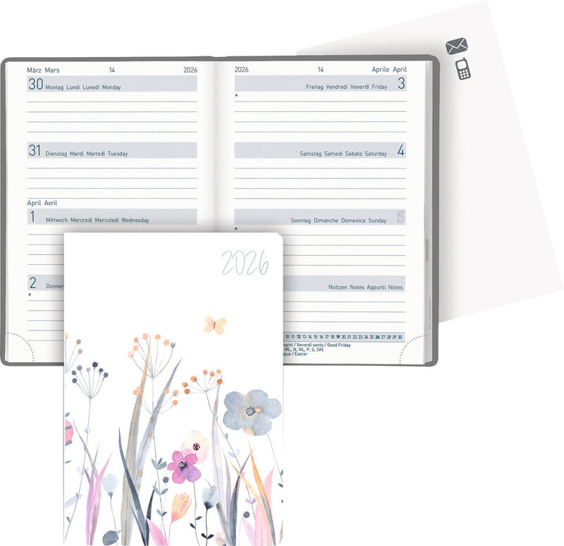 Biella Trend Agenda – 1 Woche/2 Seiten, gebunden, 7,6 × 11,0 cm, 2026, mehrsprachig, Wildflower, FSC