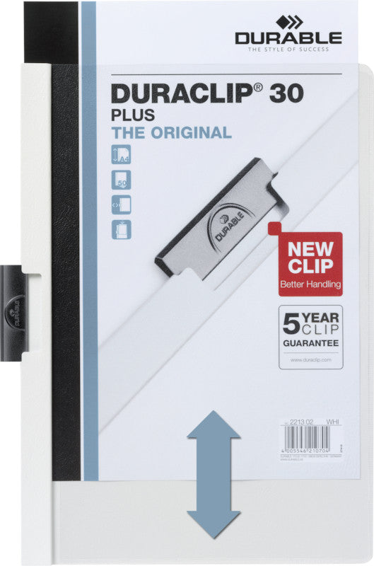 Durable Schnellhefter Duraclip 30 Plus – A4, PP, weiss, Metall-Deckleiste, Sichttasche, bis 30 Blatt