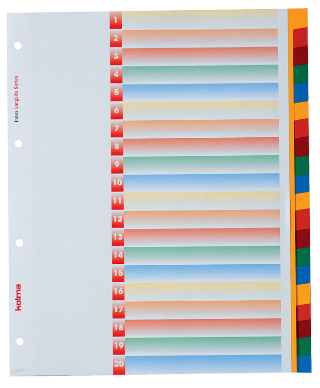 Kolma Register – 20-teilig, PVC, farbig, unbedruckt, mit Indexblatt, 4-fach Lochung, für A4 hoch überbreit
