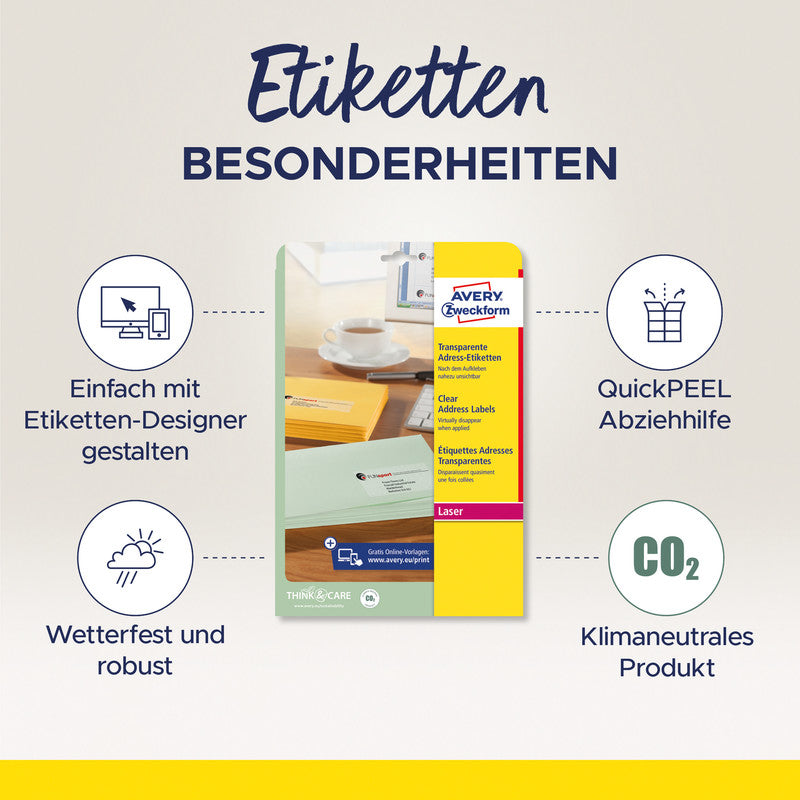 Avery Bogenetiketten, 64 mm × 38 mm, transparent, Folie, permanent, 25 Blatt (525 Etiketten)