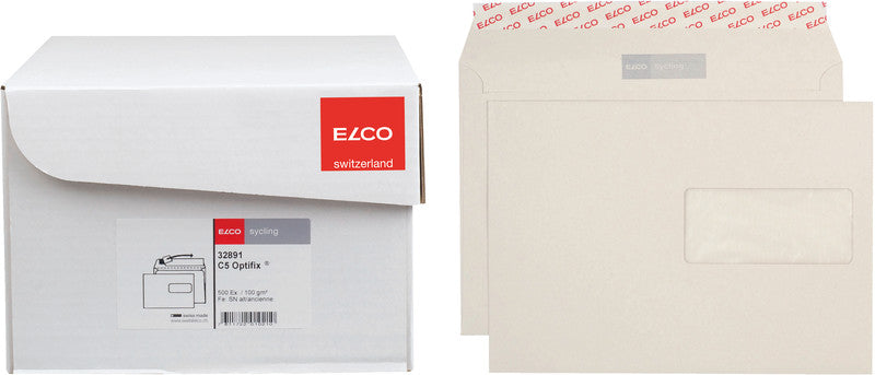 ELCO Couvert B5 (250 × 176 mm), ohne Fenster, haftklebend (Optifix), gerade Klappe, grau, 100 g/m² – 500 Stk.
