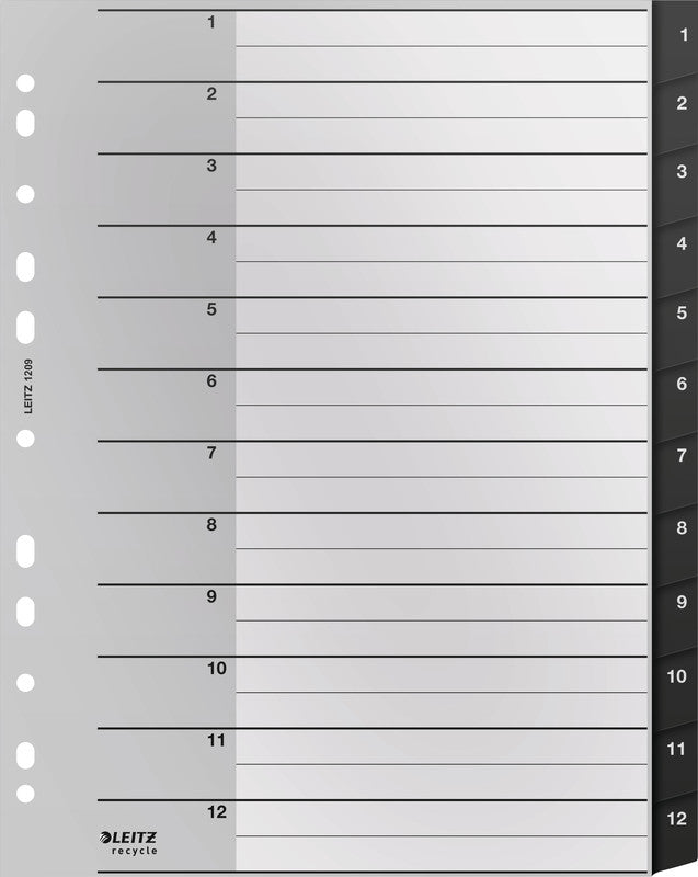 Leitz Register A4 überbreit – nummeriert 1–12, 12 Taben, PP, schwarz/weiss, 12-fach