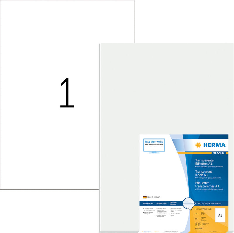 HERMA Drucketiketten, 410 mm × 297 mm, transparent, Folie, permanent, 50 Blatt