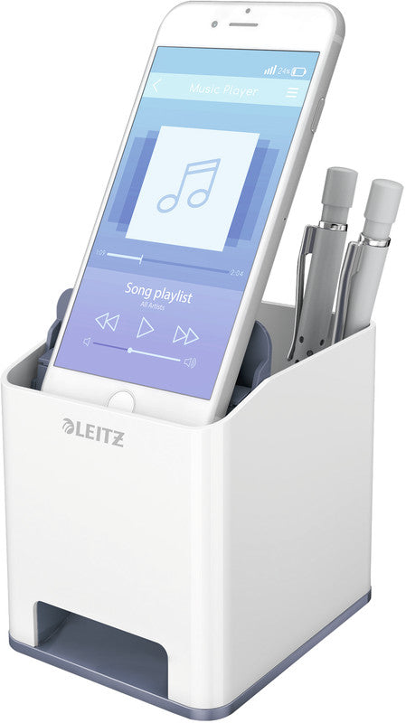 Leitz WOW 53631001 Stifteköcher – 2 Fächer, mit Smartphone-Fach, Soundverstärkung, Weiss, Polystyrol (PS)