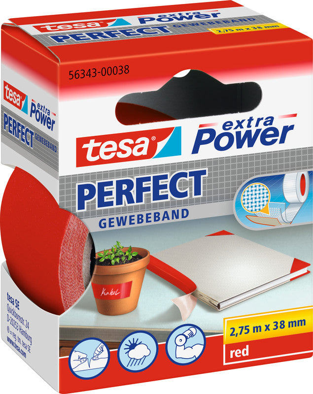 TESA Verpackungsband – permanent, strukturiert, Zellwollgewebe/Kunststoff, 38 mm × 2,75 m, rot, Kern Ø 26 mm