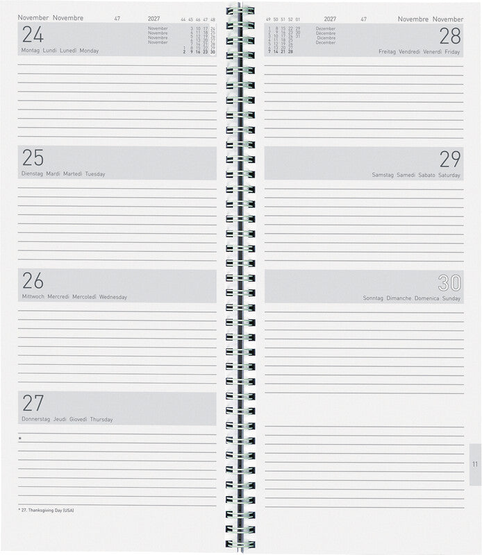 Biella Agenda – 1 Woche/2 Seiten, Spiralbindung, 13,5 × 31,5 cm, Jan–Dez, 2026, Dunkelblau, FSC