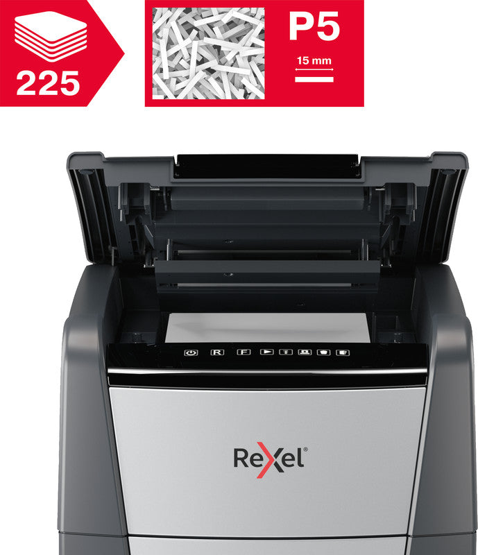 Rexel Optimum AutoFeed+ 225M – Aktenvernichter mit Autofeed 225 Blatt, DIN P-5, Mikroschnitt 2 × 15 mm, 60 l