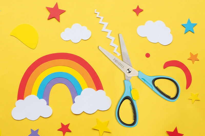 Fonzell Kinderschere – für Rechts- und Linkshänder, abgerundete Spitzen, Softgrip, Kunststoff, Hellblau