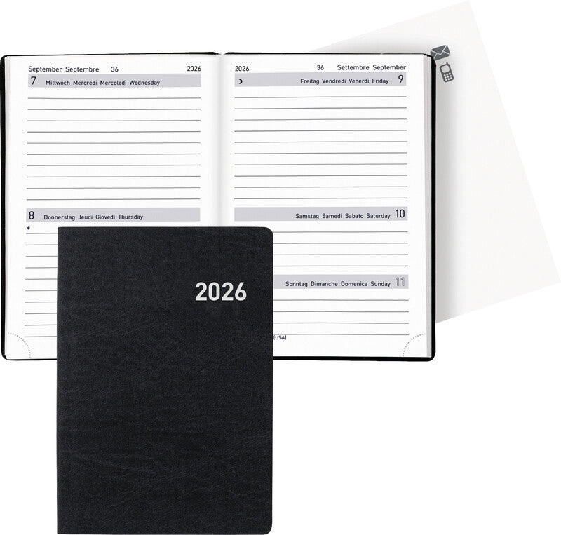 Biella Tell Agenda – 2 Tage pro Seite, gebunden, 8,5 × 12,5 cm, 2026, schwarz, FSC