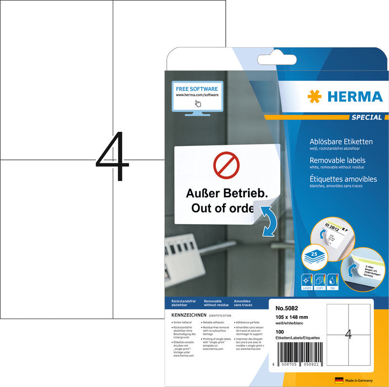 HERMA Druckeretiketten, 105 mm × 148 mm, weiss, Papier, ablösbar, 25 Blatt (100 Etiketten)