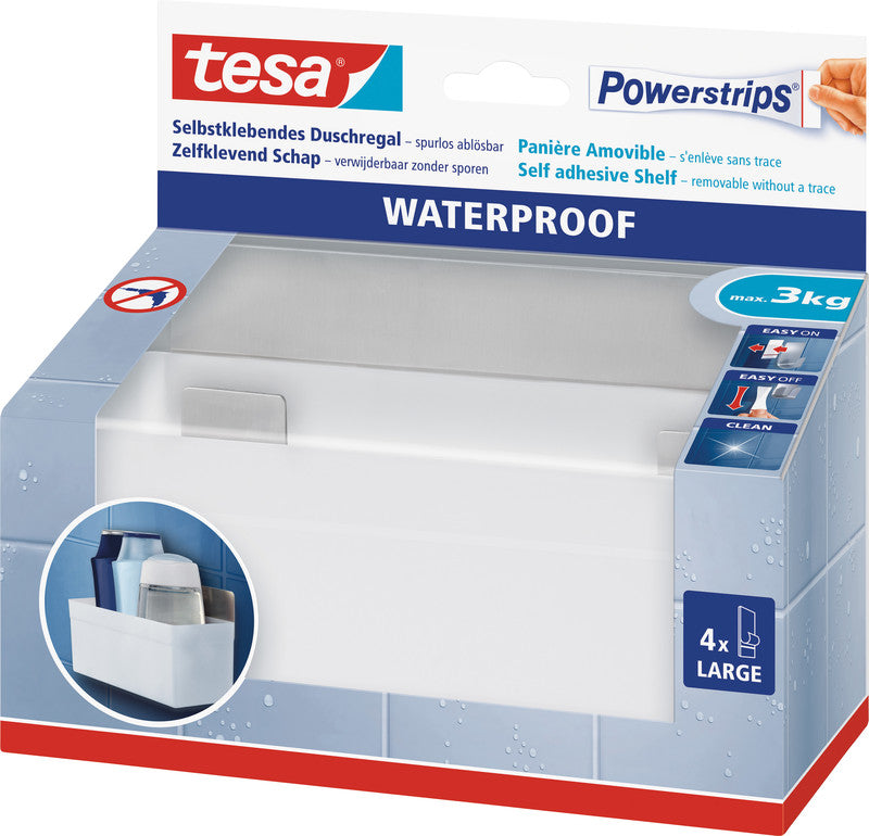 TESA Powerstrips Duschablage – Klebemontage – 5,3 × 11,5 × 1,1 cm – Silber/Transparent – Kunststoff/Edelstahl
