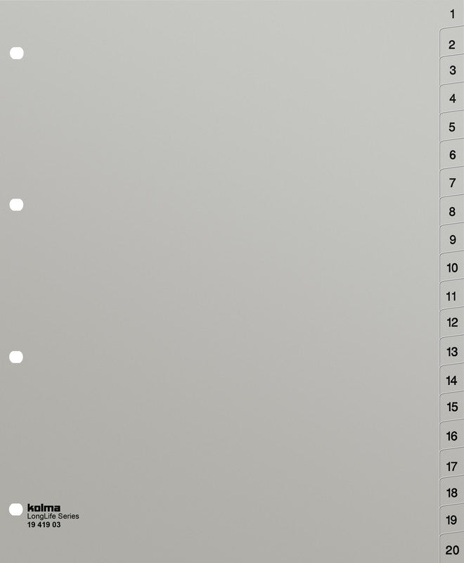 Kolma LongLife XL Register – A4, 20-teilig, PVC, grau, mit Indexblatt, für A4 hoch überbreit