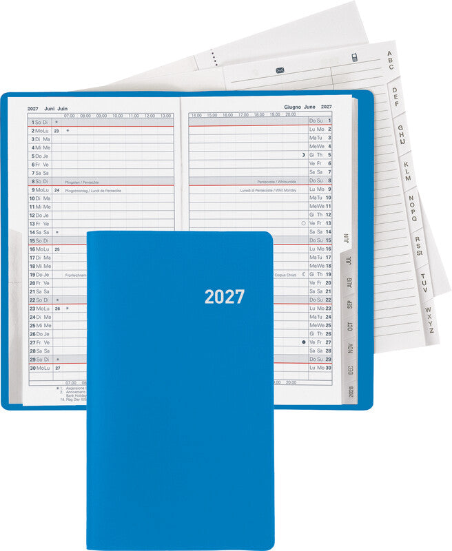 Biella Luzern Agenda – 1 Monat/2 Seiten, geheftet, 8,7 × 15,3 cm, 15 Monate Okt–Dez, blau, PEFC