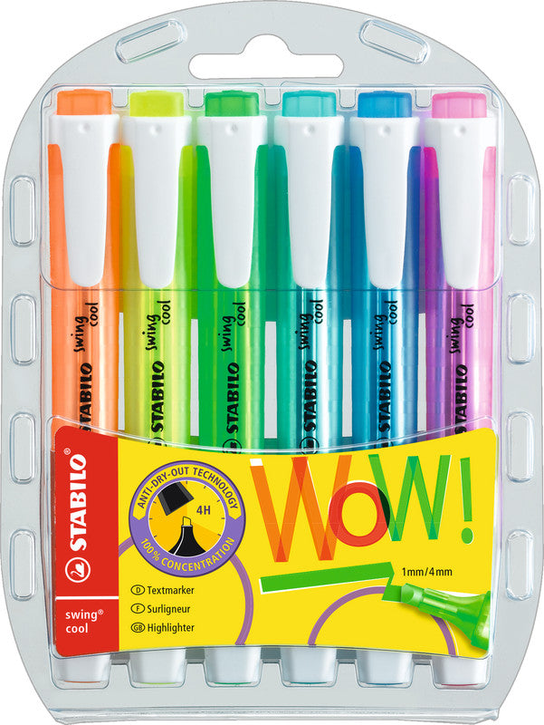 STABILO Swing Cool Textmarker Set 6 Farben – Keilspitze, 1–4 mm