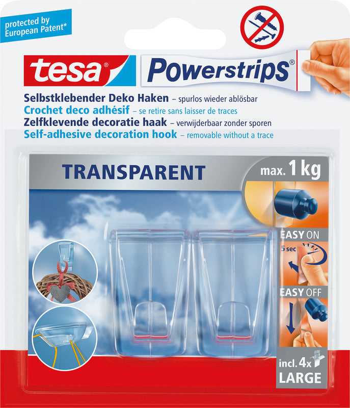 TESA Klebehaken – Kunststoff, transparent, 2,5 × 4,5 × 1,6 cm – 2er-Pack