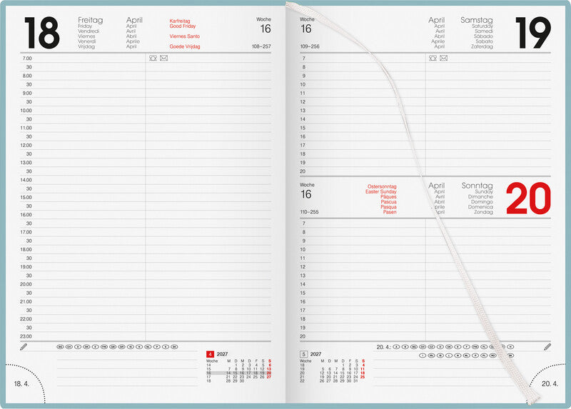 Biella Bunte Agenda – 1 Tag pro Seite, gebunden, 14,5 × 20,5 cm, 2027, 1/2-Stunden-Takt, Salbeigrün, FSC