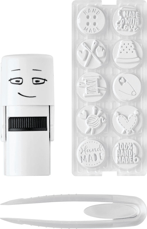 Colop Little NIO Rundstempel – handgemacht, selbstfärbend, 10 Motive, Ø 17 mm, graues Kissen, Englisch