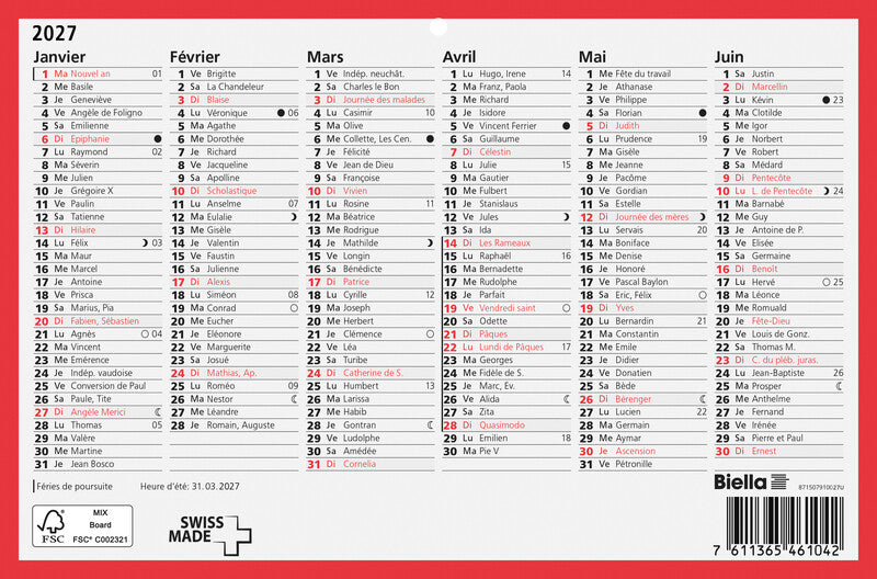 Biella Tafelkalender – 1 Jahr/2 Seiten – Französisch – 2027 – Notizfeld – 23,5 × 15,5 cm