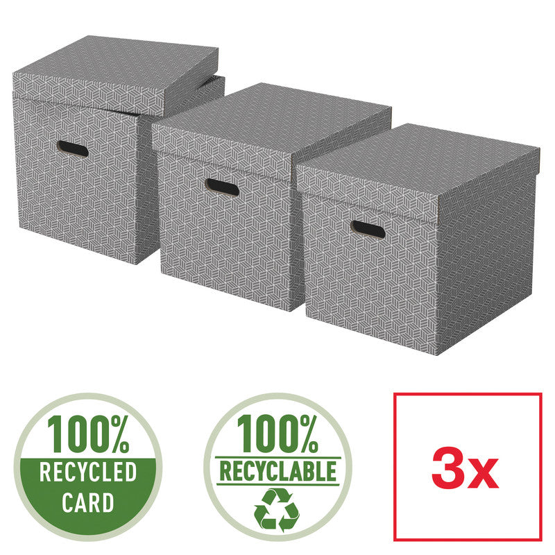 Esselte Cube Archivschachtel A4 – mit Griffloch, 320 × 315 × 365 mm, Grau, Karton, 3er Pack