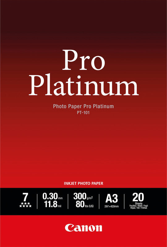 Canon Pro Platinum PT-101 Fotopapier – glänzend, A3, 300 g/m², 20 Blatt, einseitig – für Inkjet-Drucker