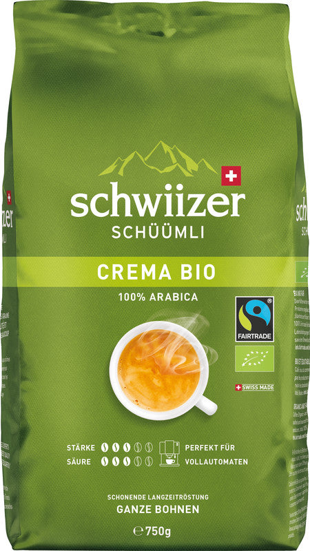Schwiizer schüümli Bohnenkaffee Crema – 750 g – 100% Arabica – Röstgrad mittel – Intensität 3/5 – Bio