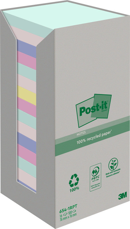 Post-it Haftnotizen Recycling Tower – 76×76 mm – sortiert, 16×100 Blatt, PEFC