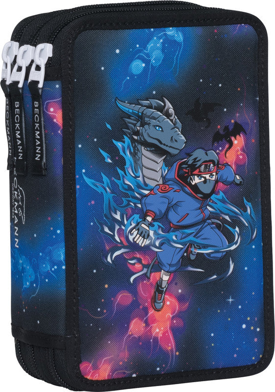 Beckmann Klassisches dreifaches Schüleretui, gefüllt, 27-teilig – Ninja Elements – Kunststoff – 13,0 × 20,5 × 7,0 cm