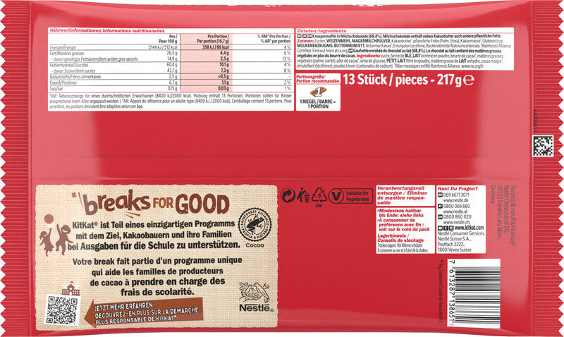 Nestle KitKat Classic Schokoladenriegel – Milch, Mini, 13 × 16,7 g (217 g)