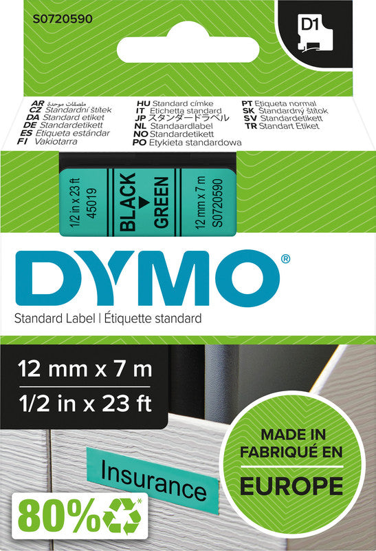 DYMO Schriftband – 12 mm × 7 m, grün, schwarz – für DYMO LabelPoint 200, 250, 300, usw. – D1
