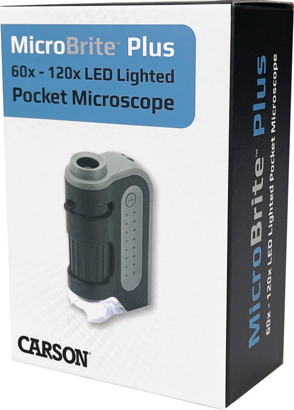 Carson MicroBrite Plus Taschenmikroskop – 60–120×, LED, grau