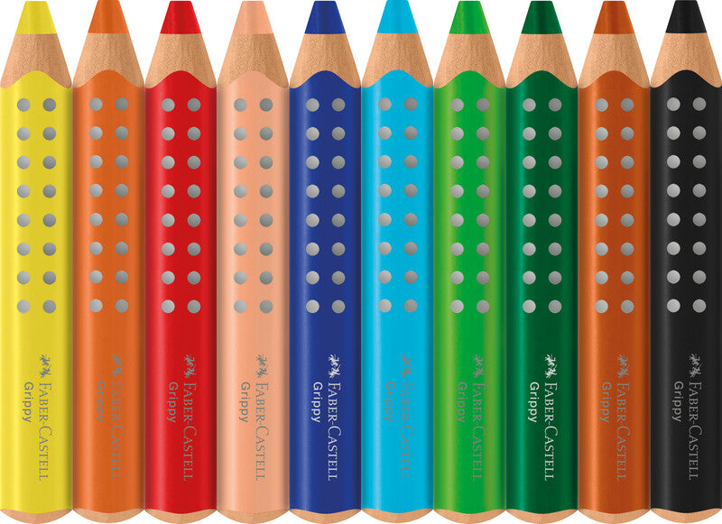 Faber-Castell 3-in-1 Farbstifte Grippy – 10 Farben, im Kartonetui, mit Spitzer, Ø 3 mm, dreikantig