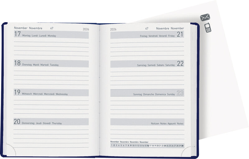 Biella Memento Agenda – 1 Woche/2 Seiten, gebunden, 10,1 × 14,2 cm, 2026, mehrsprachig, dunkelblau, FSC